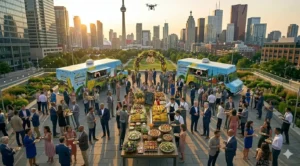 Mr. Corn BBQ catering setup at Toronto rooftop corporate event with food stations, guests, and CN Tower skyline