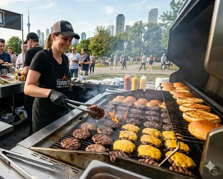 Mr. Corn BBQ catering staff grilling burgers and hot dogs at a Toronto outdoor event with CN Tower visible in background
