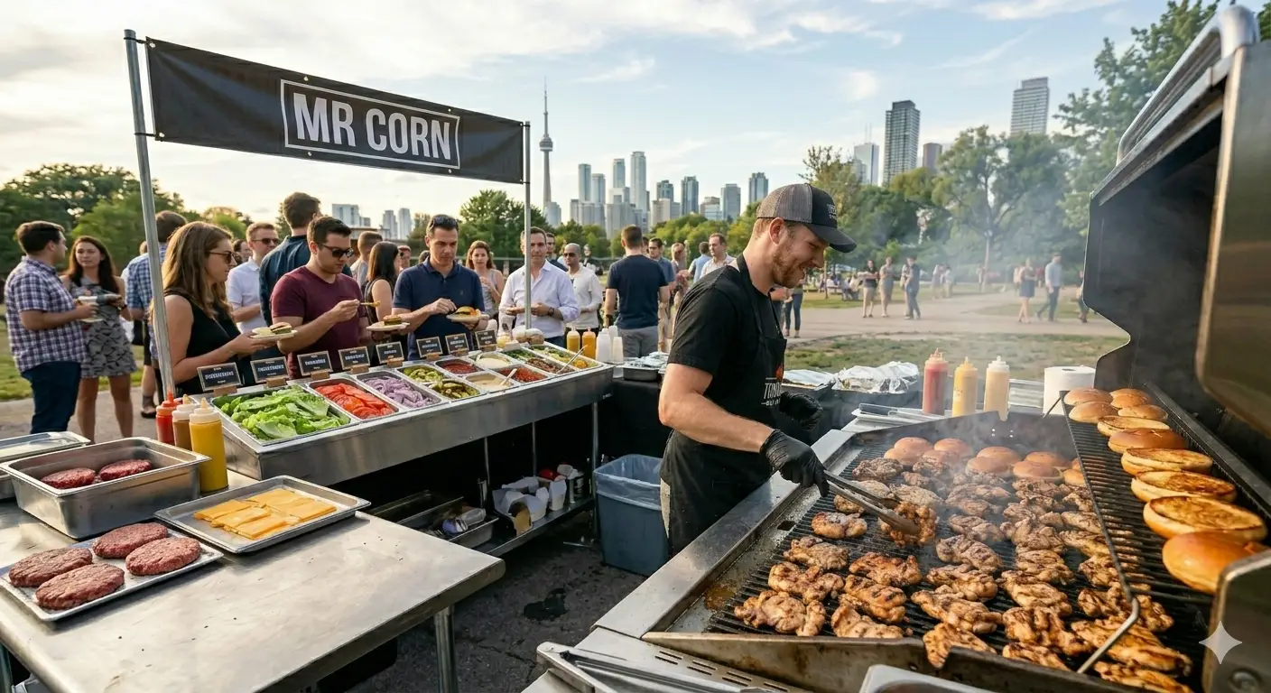 Mr Corn BBQ catering setup at Toronto outdoor event with grilled chicken, roasted corn, and staff serving large crowd with CN Tower skyline