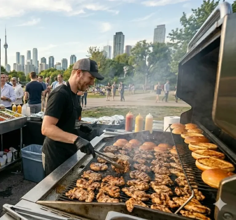 Mr. Corn BBQ catering chef grilling chicken and burgers at a Toronto park event with city skyline backdrop and crowd of guests