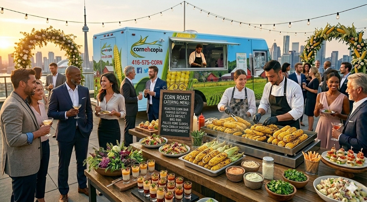 Mr. Corn BBQ catering event in Toronto with roasted corn, food stations, and guests at outdoor corporate gathering near CN Tower