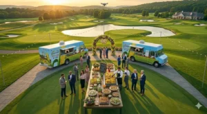 Mr. Corn BBQ catering setup at golf course event with roasted corn, food trucks, and catering staff serving corporate guests