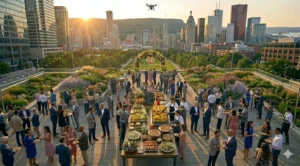 Large corporate event on rooftop with Toronto skyline, featuring long tables of BBQ catering and roasted corn served to dozens of guests at sunset.