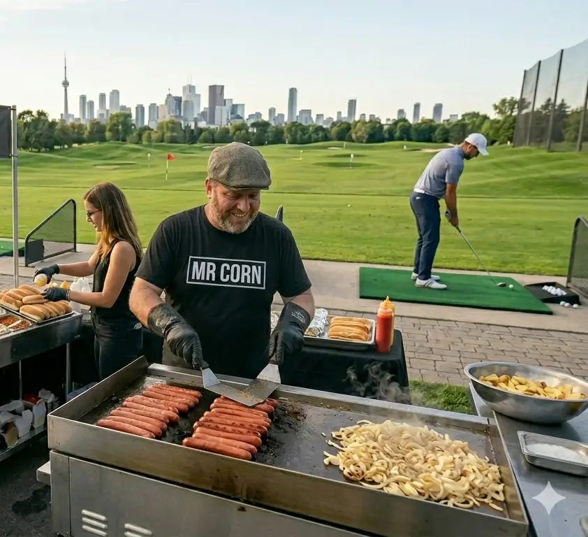Hot dogs grilled fresh at a Mr Corn catered event in Toronto