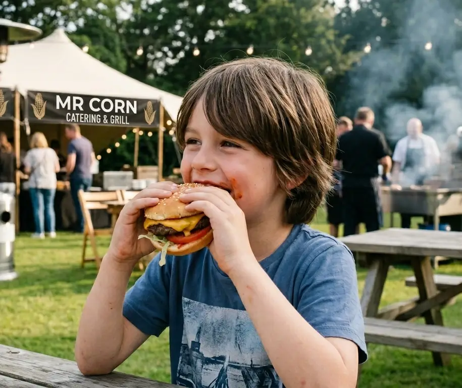 Burger served to a guest at a Mr Corn school catering event