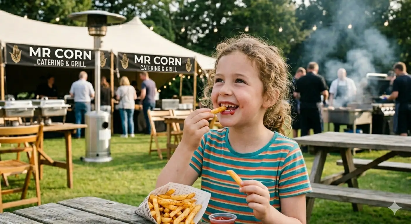 Young child enjoying crispy golden fries at Mr. Corn catering event in Toronto with BBQ tent and guests in background