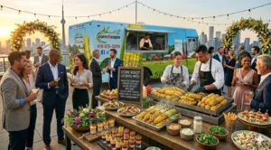 Mr. Corn catering team serving roasted corn and BBQ platters at a Toronto corporate event with CN Tower backdrop